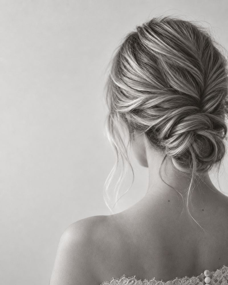 Novia de espaldas con un recogido bajo suelto, en blanco y negro
